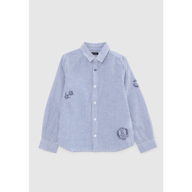 IKKS BOYS’ BLUE SHIRT WITH WHITE STRIPES AND EMBROIDERY