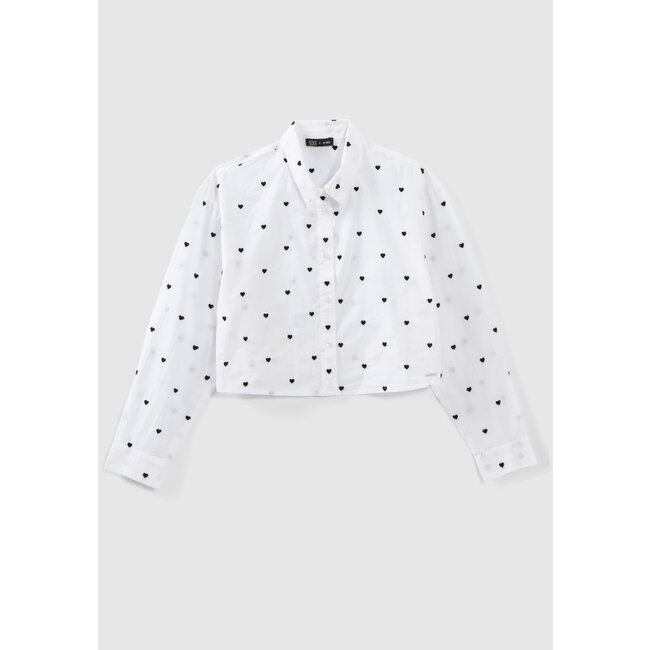 IKKS GIRLS' WHITE COTTON CROPPED SHIRT WITH EMBROIDERED HEARTS