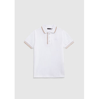 IKKS BOYS’ WHITE COTTON POLO SHIRT WITH STRIPED RIBBING