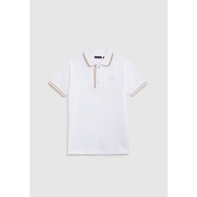 IKKS BOYS’ WHITE COTTON POLO SHIRT WITH STRIPED RIBBING