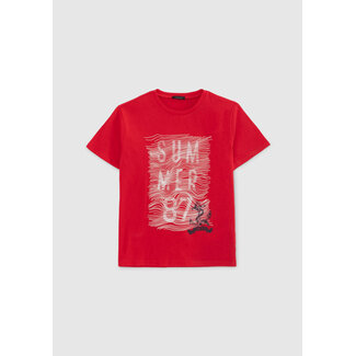 IKKS BOYS' RED ORGANIC COTTON T-SHIRT WITH RUBBER GRAPHIC LINES