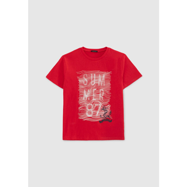 IKKS BOYS' RED ORGANIC COTTON T-SHIRT WITH RUBBER GRAPHIC LINES
