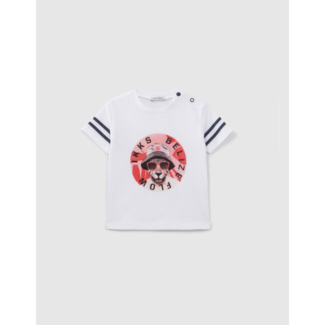 IKKS BABY BOYS' OFF-WHITE T-SHIRT WITH LEOPARD IMAGE