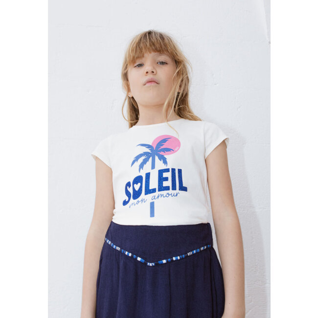 IKKS GIRLS' ECRU T-SHIRT WITH PALM IMAGE AND GLITTER SLOGAN