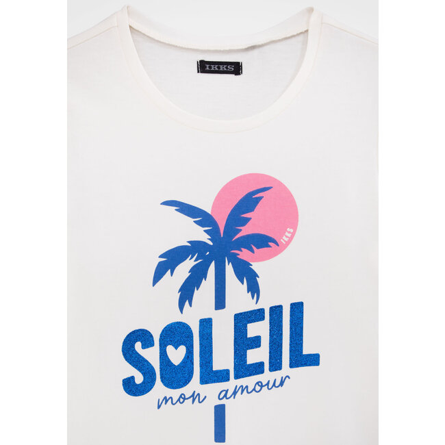 IKKS GIRLS' ECRU T-SHIRT WITH PALM IMAGE AND GLITTER SLOGAN