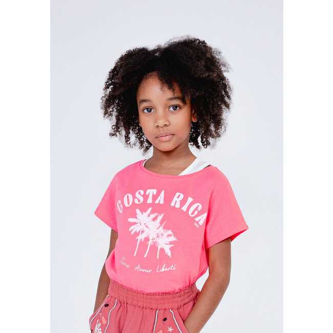 IKKS GIRLS’ 2-IN-1 NEON-PINK T-SHIRT AND WHITE VEST TOP
