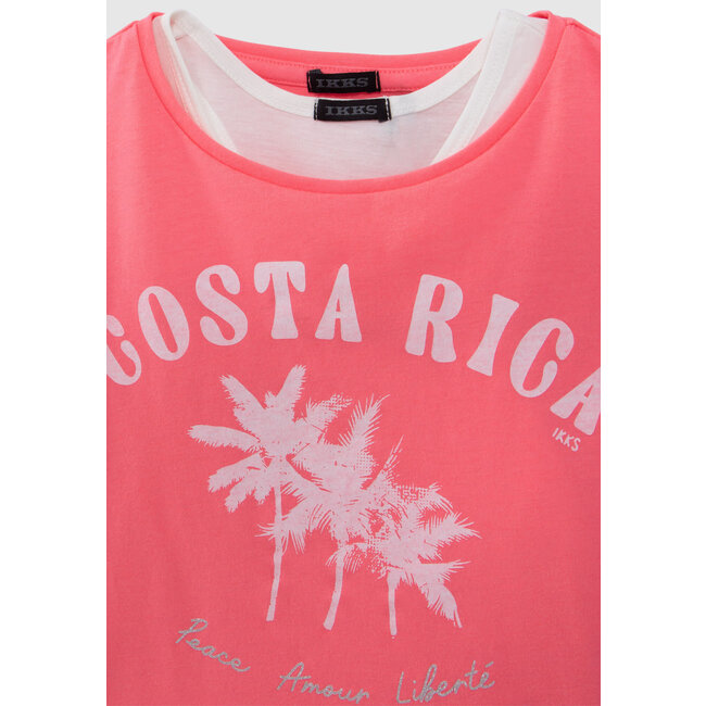 IKKS GIRLS’ 2-IN-1 NEON-PINK T-SHIRT AND WHITE VEST TOP