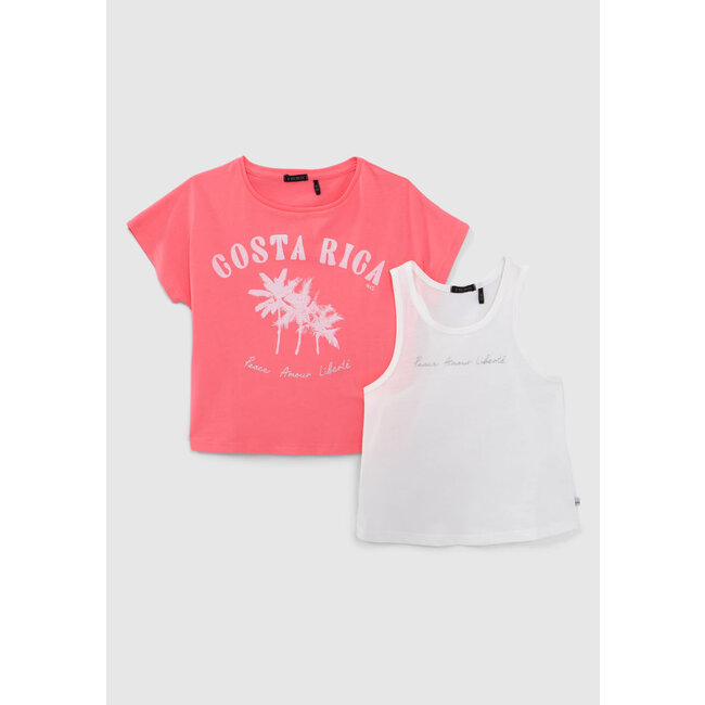 IKKS GIRLS’ 2-IN-1 NEON-PINK T-SHIRT AND WHITE VEST TOP