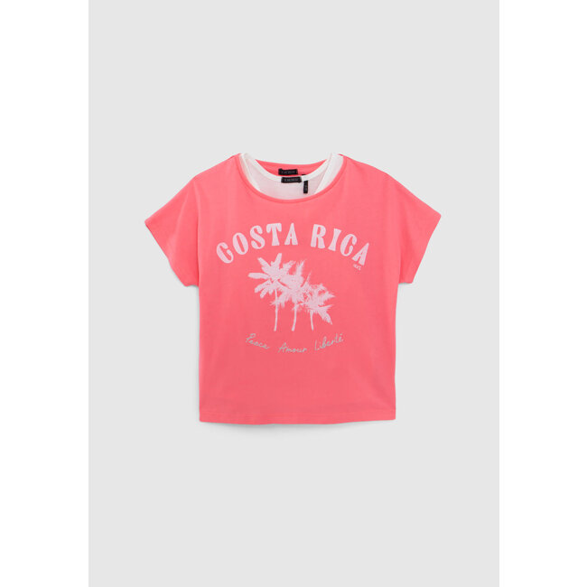 IKKS GIRLS’ 2-IN-1 NEON-PINK T-SHIRT AND WHITE VEST TOP