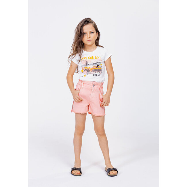 IKKS GIRLS’ PEACH DENIM SHORTS, EMBROIDERED BRAID DOWN SIDES