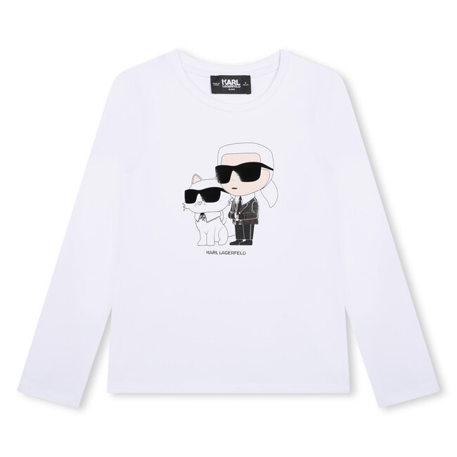KARL LAGERFELD GIRL BLANC LS T SHIRT WITH KARL AND CHOUPETTE DETAIL