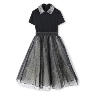 KARL LAGERFELD GIRL BLACK SS MESH TUTU WITH FLOCKED POLKA DOT DRESS