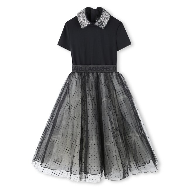 KARL LAGERFELD GIRL BLACK SS MESH TUTU WITH FLOCKED POLKA DOT DRESS