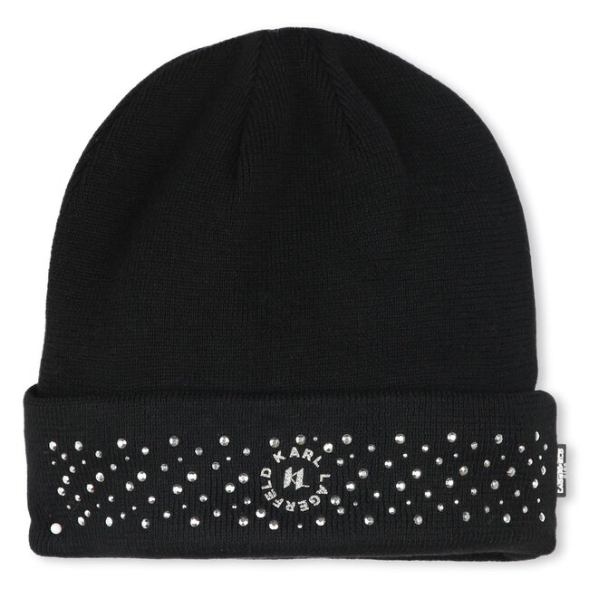 KARL LAGERFELD GIRL BLACK KNIT BEANIE WITH RHINESTONES AND GLITTER