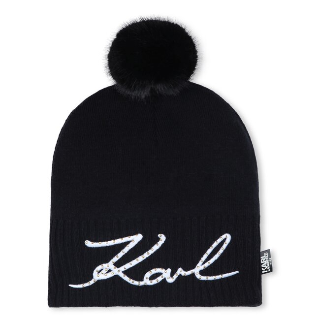 KARL LAGERFELD GIRL BLACK POM POM BEANIE WITH KARL SIGNATURE