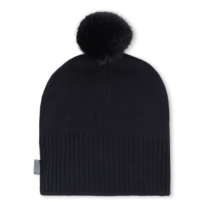 KARL LAGERFELD GIRL BLACK POM POM BEANIE WITH KARL SIGNATURE