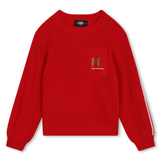 KARL LAGERFELD BOY POP RED COTTON WOOL SWEATER WITH CONTRASTING BRAID