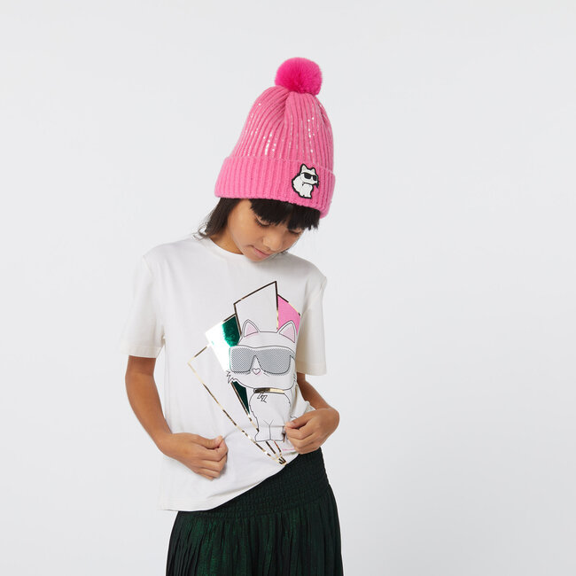 KARL LAGERFELD GIRL PRIMEROSE POM POM BEANIE KNIT WITH SEQUINS