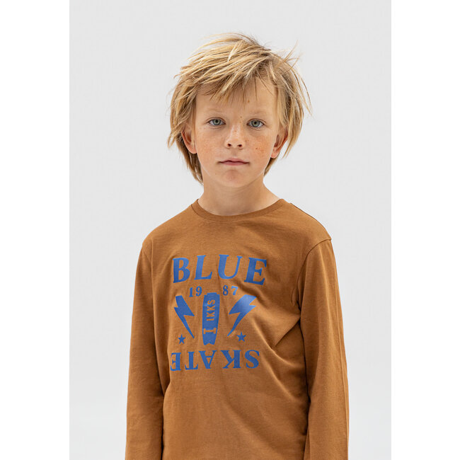 IKKS Boy's camel organic cotton satin blue message T-shirt