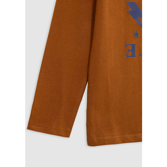 IKKS Boy's camel organic cotton satin blue message T-shirt