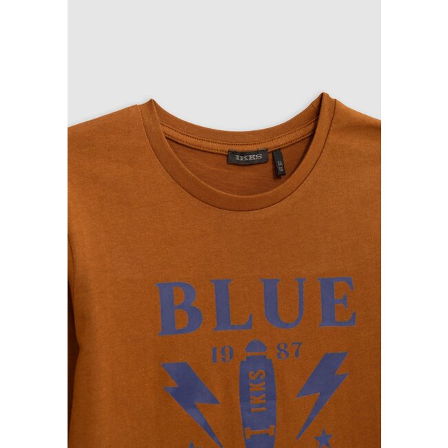 IKKS Boy's camel organic cotton satin blue message T-shirt