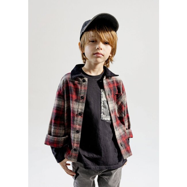 IKKS Boy's red plaid shirt with velvet collar