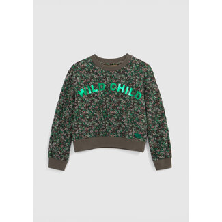 IKKS Girl's green floral-leopard sweatshirt, metallic slogan