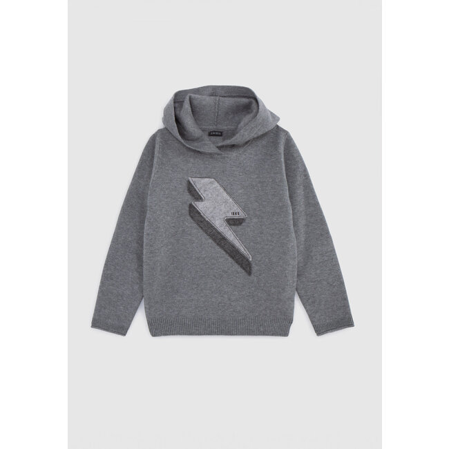 Boy s grey knit hoodie with XL lightning badge IKKS Canada Kidz Global Apparel Ltd