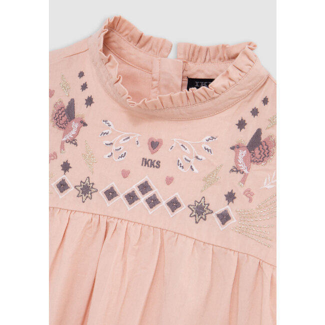IKKS Girl's pink dress with Art Deco bird embroidery