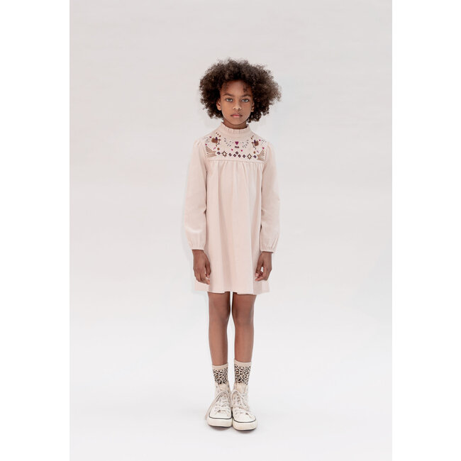 IKKS Girl's pink dress with Art Deco bird embroidery