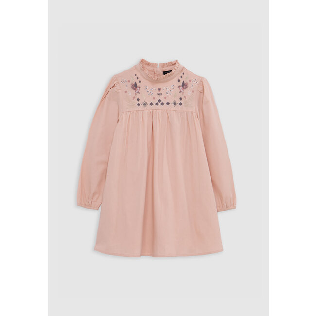IKKS Girl's pink dress with Art Deco bird embroidery