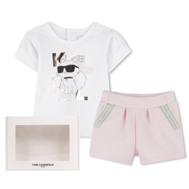 KARL LAGERFELD GIRLS WHITE PALE PINK T-SHIRT+SHORTS 2PC SET