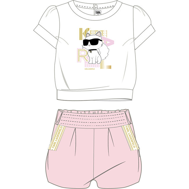 KARL LAGERFELD GIRLS WHITE PALE PINK T-SHIRT+SHORTS 2PC SET