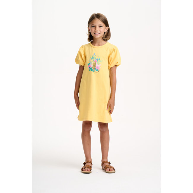CATIMINI GIRLS PUFF SLV COTTON DRESS W/ JUNGLE GRAPHIC PRINT