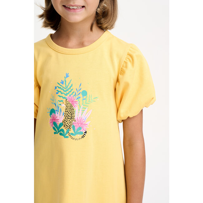 CATIMINI GIRLS PUFF SLV COTTON DRESS W/ JUNGLE GRAPHIC PRINT
