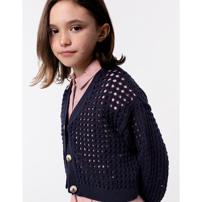 IKKS Navy cardigan organic cotton openwork knit for girl