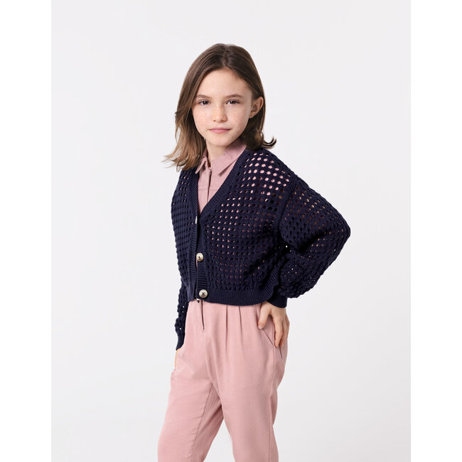 IKKS Navy cardigan organic cotton openwork knit for girl