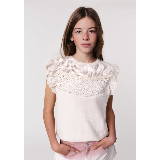 IKKS Girl's ecru sweater with lace knit and ruffles
