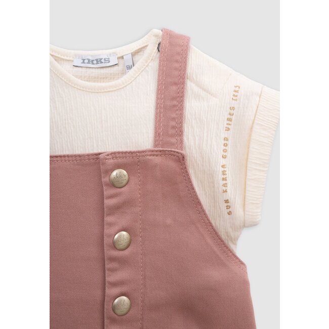 IKKS Pink dress-salopette and ecru baby girl T-shirt set