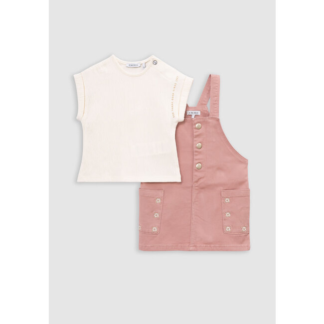 IKKS Pink dress-salopette and ecru baby girl T-shirt set