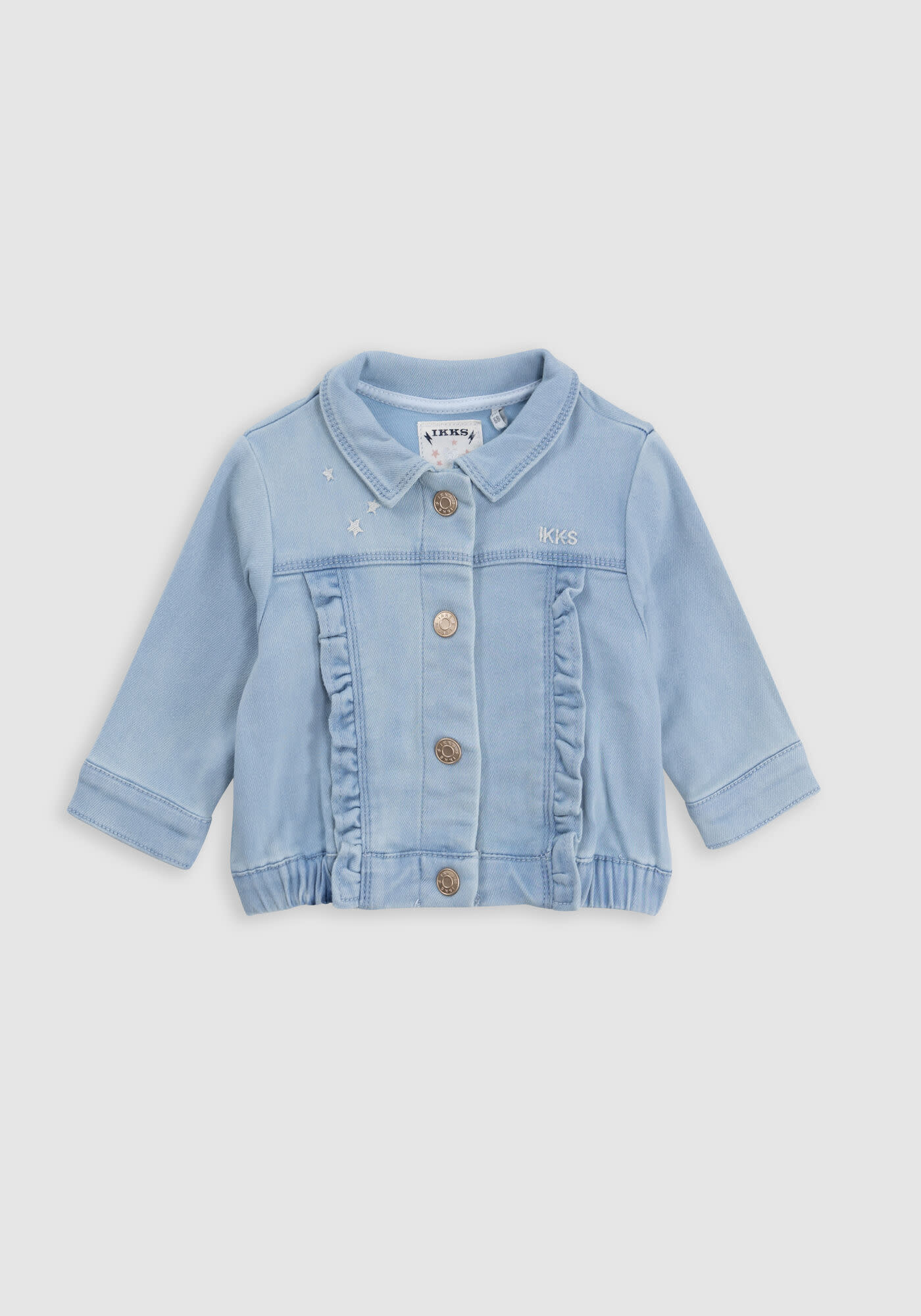 Blue denim jacket with ruffles and embroidery for girl