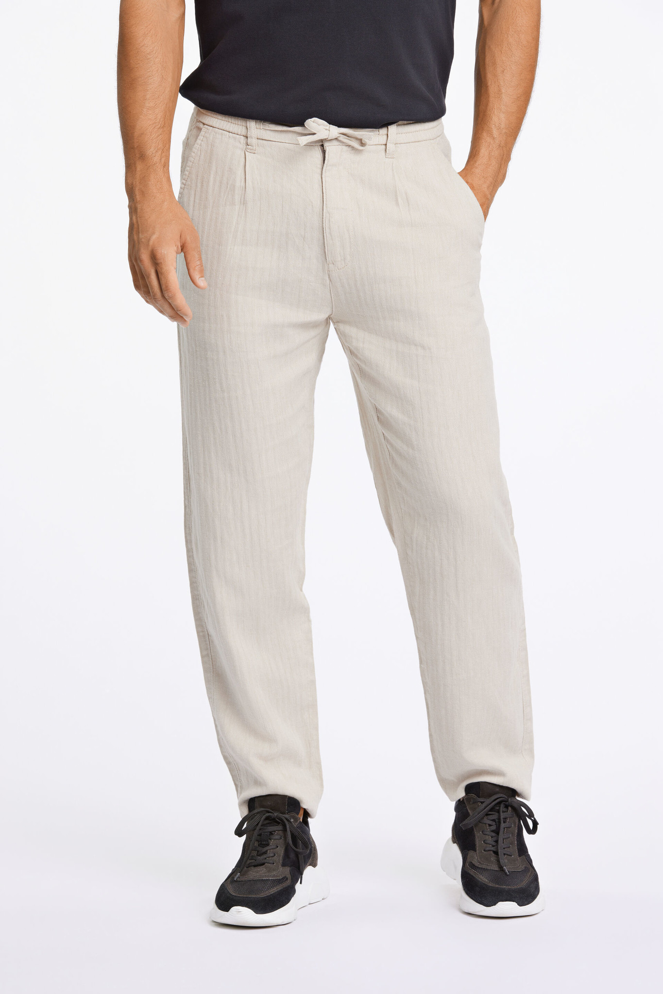 Cotton Linen Grey Plain Flat Front Casual Trouser