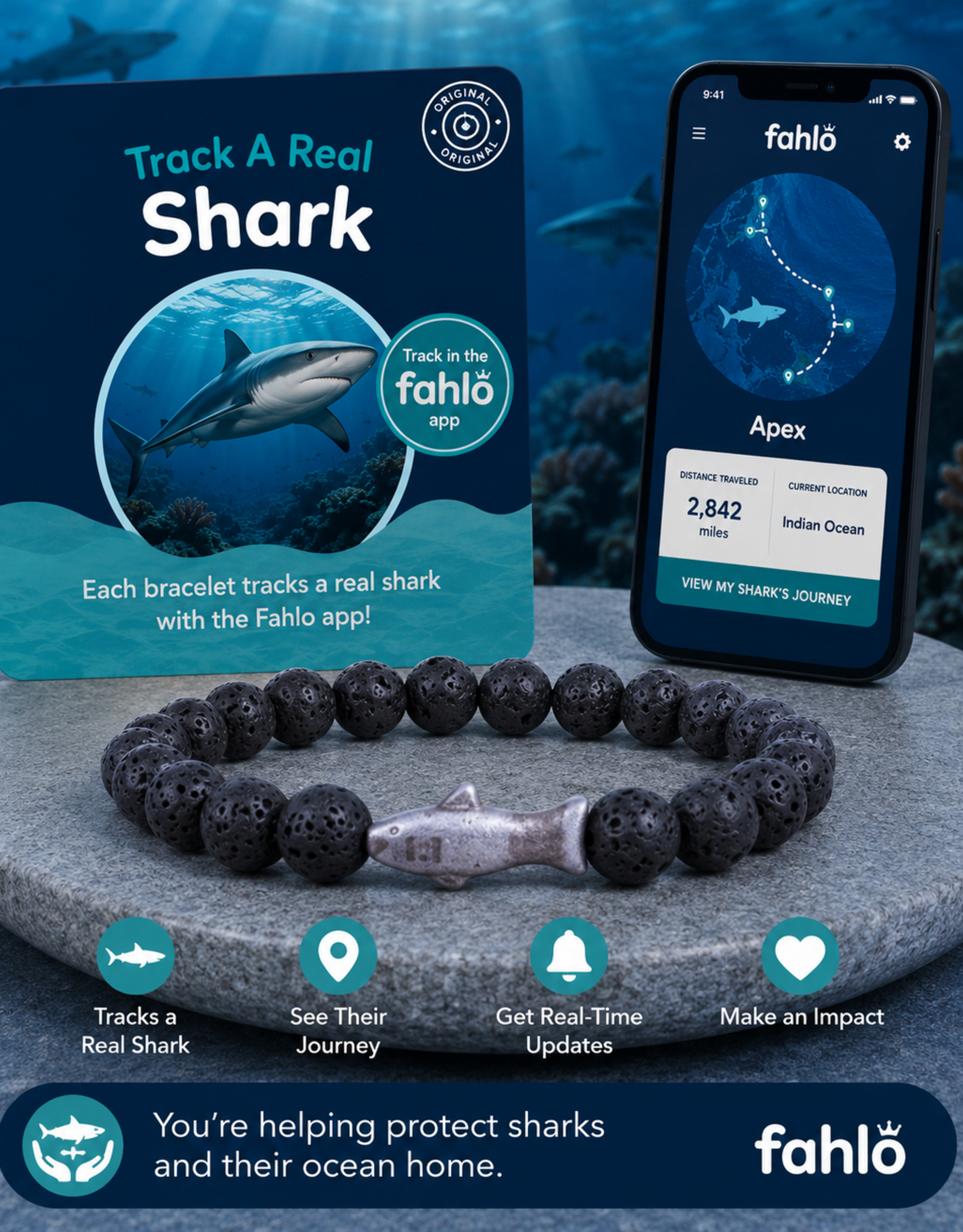 FAHLO FA THE VOYAGE SHARK  BRACELET LAVA STONE