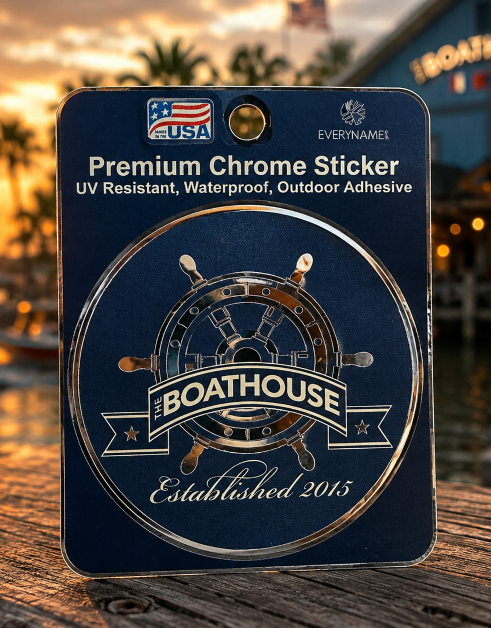 BUCKET WONDERS BW BOATHOUSE CHROME SHIPS WHEEL STICKER BLUE