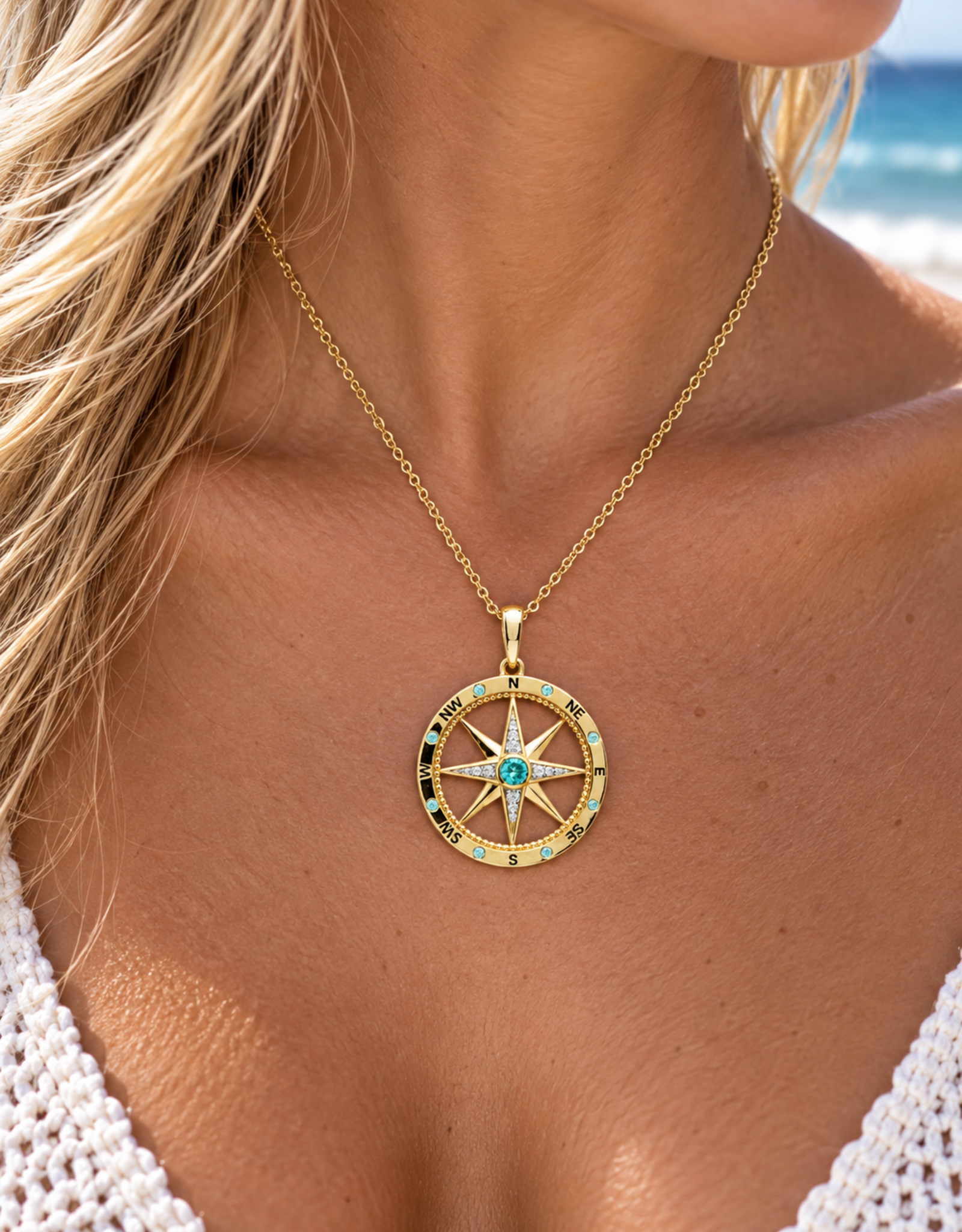 FLAIRCRAFT LIMITED LIGHT BLUE COMPASS NECKLACE 14KT GOLD