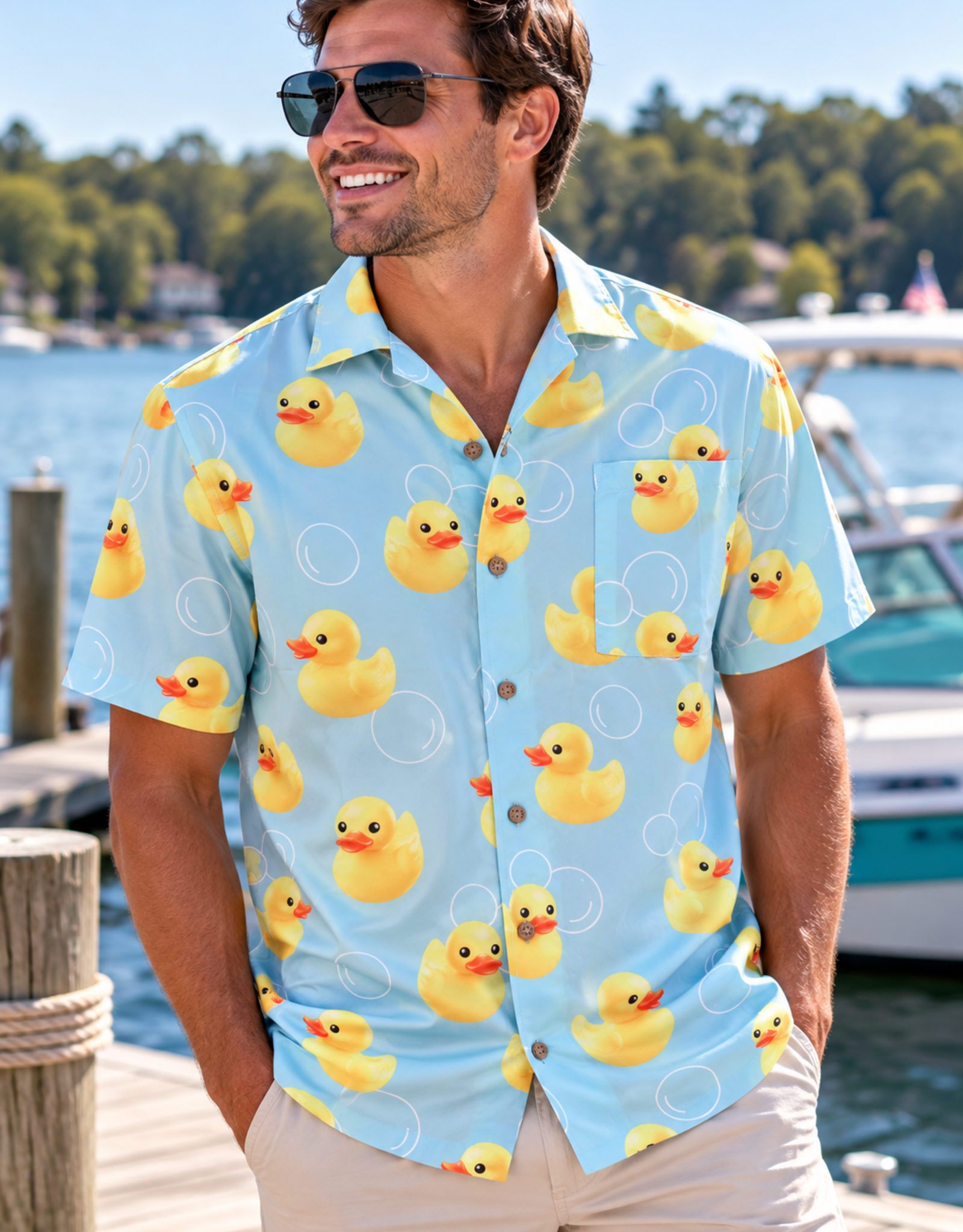 UZZI ACTIVE WEAR BH HAWAIIAN STRETCH DUCK BUTTON DOWN SHIRT