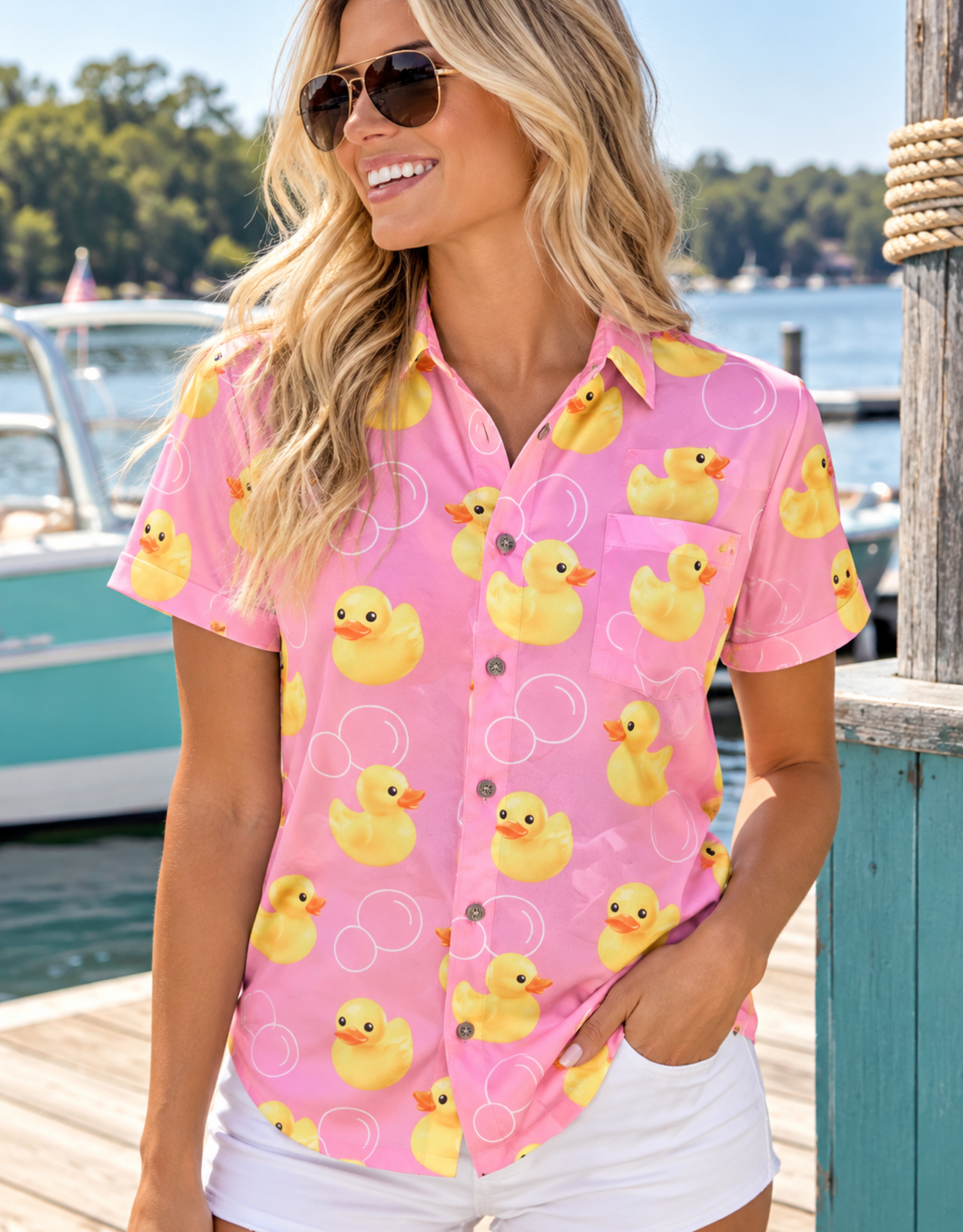 UZZI ACTIVE WEAR BH HAWAIIAN STRETCH DUCK BUTTON DOWN SHIRT