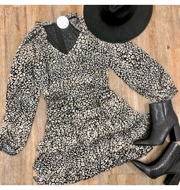 Black Taupe Print Long Sleeve Ruched Dress
