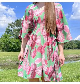 Green Pink Leaf Print Kimono Dress