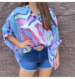 Blue Pink Abstract Print Top